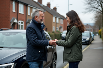 Homme en parka remet des clés à une femme devant une voiture