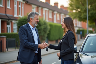 Homme d affaires donnant les clés à une jeune femme devant une voiture