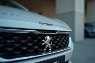 Gros plan macro sur l'emblème lion chromé de Peugeot monté sur une calandre de voiture moderne