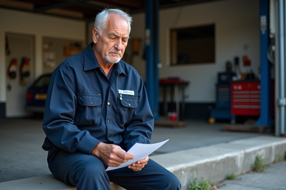 Technicien automobile d'une cinquantaine d'années assis dehors tenant un document administratif, atelier vide en arrière-plan symbolisant la perte d'emploi