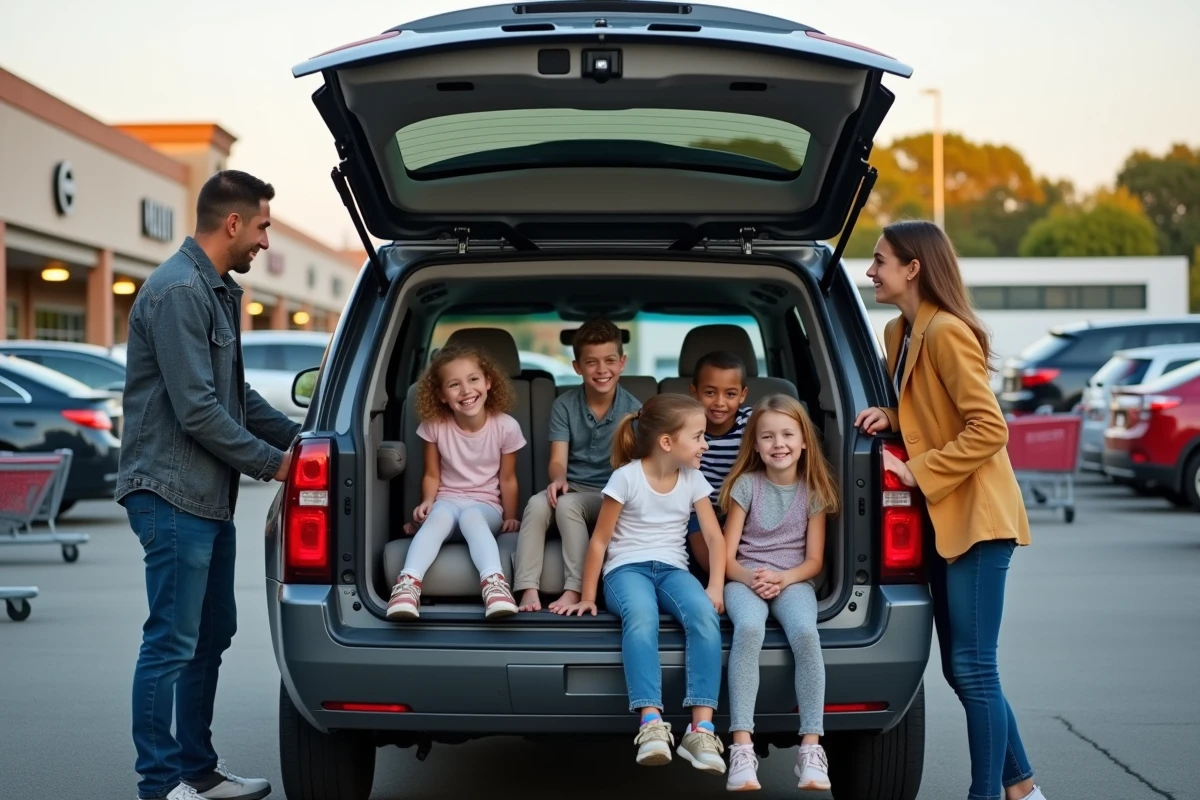 Enfants entrant dans le véhicule familial au supermarché
