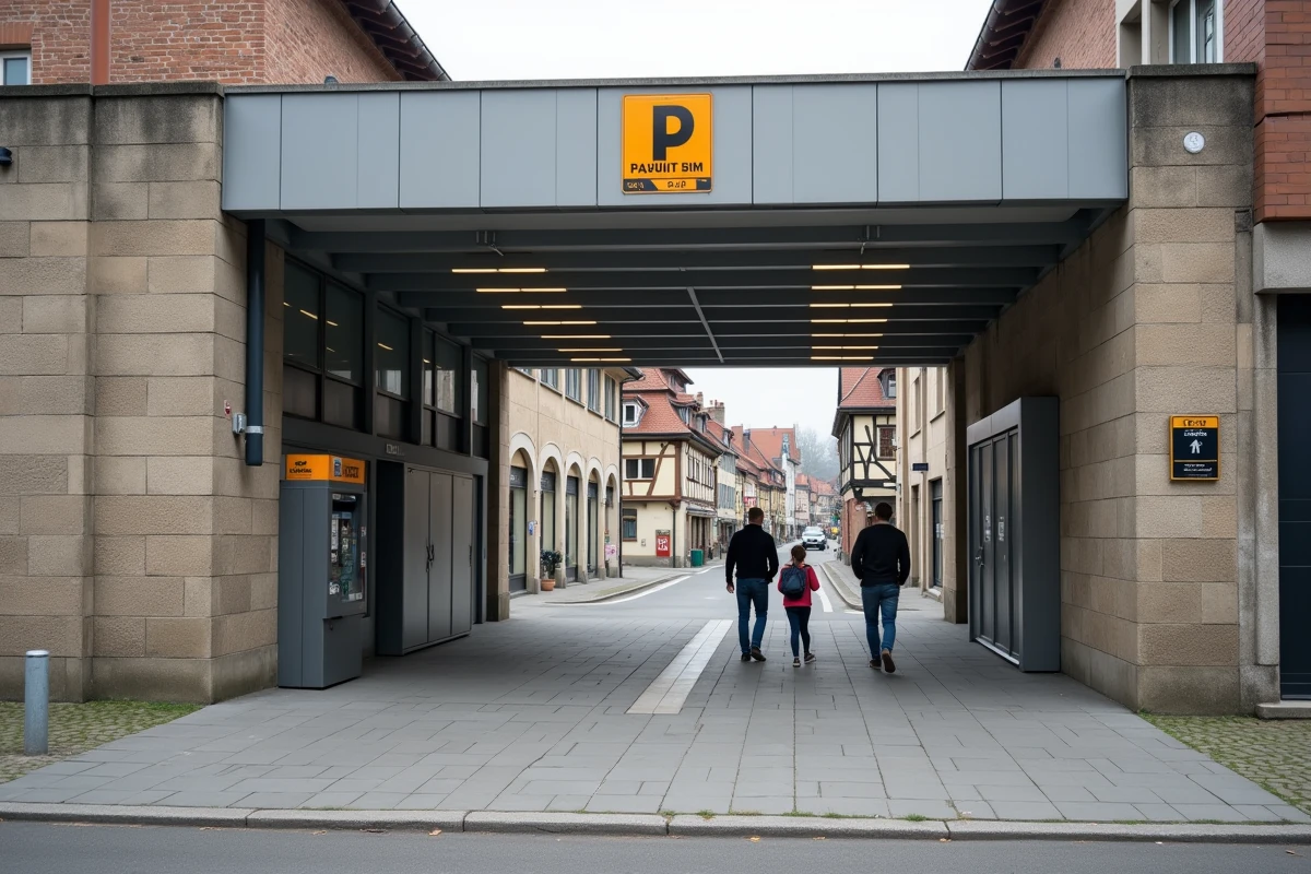 Entrée du parking Rapp à Colmar avec architecture alsacienne en arrière-plan et famille à pied