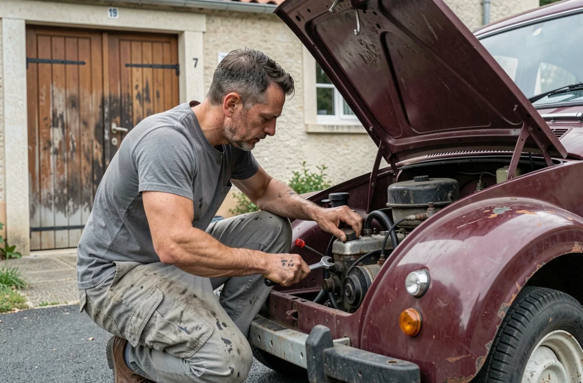 Entretien mécanique d'une Renault 4CV par un particulier dans son allée, moteur arrière ouvert