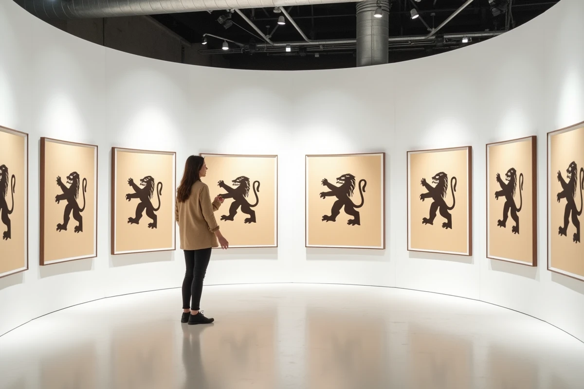 Exposition muséale retraçant l'évolution historique du logo lion de Peugeot avec une visiteuse devant les affiches encadrées