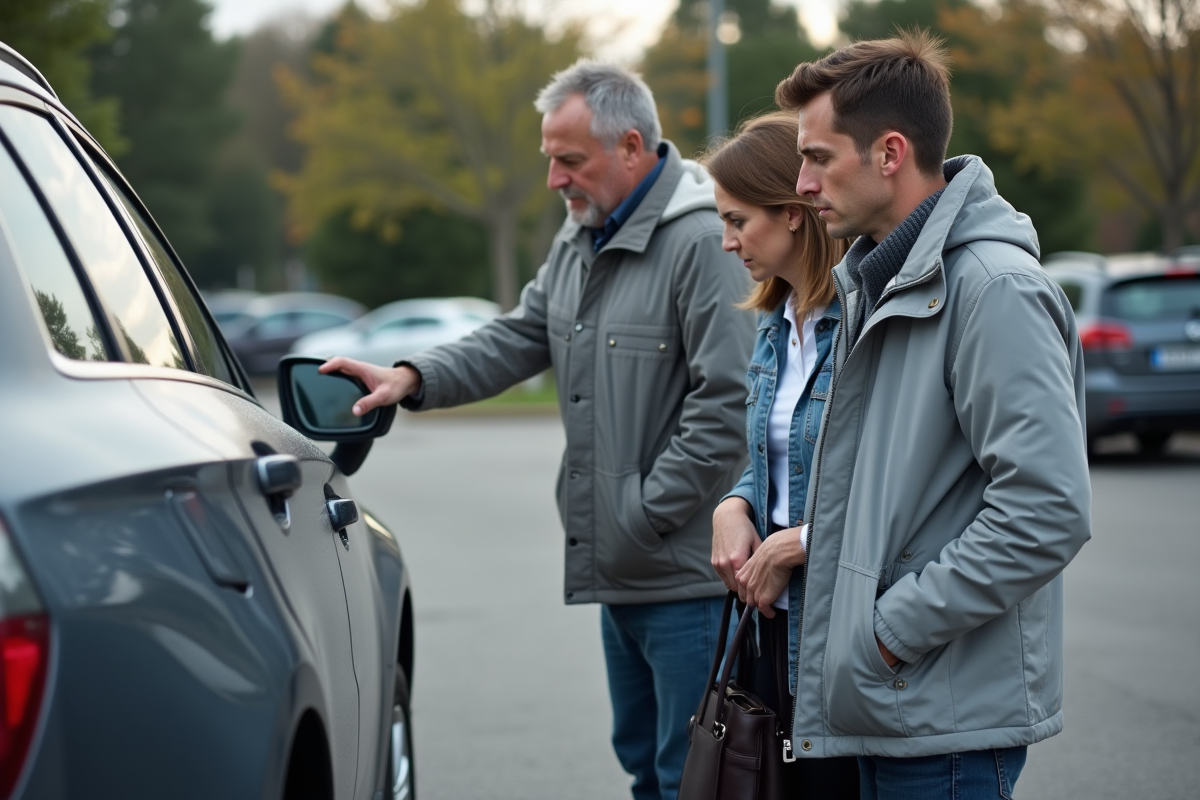 Expert en assurance examine une voiture endommagée