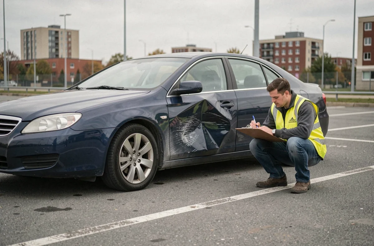 Expert en sinistres inspectant une voiture accidentée dans un parking, illustrant la couverture tous risques après un dommage