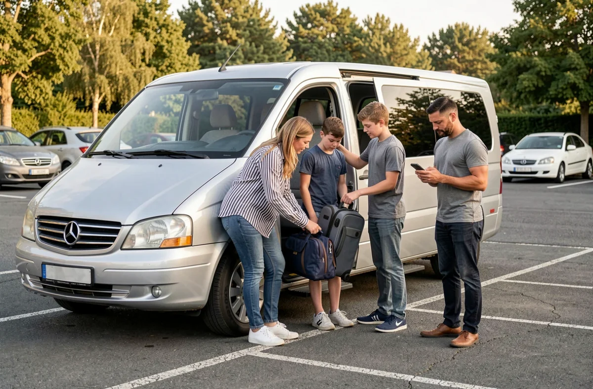 Famille chargeant ses bagages dans un minibus 9 places loué dans un parking de supermarché français
