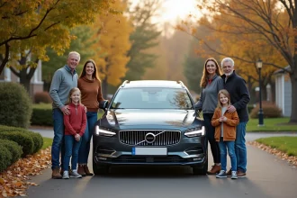 Famille multigenerations avec voiture moderne sur la rue