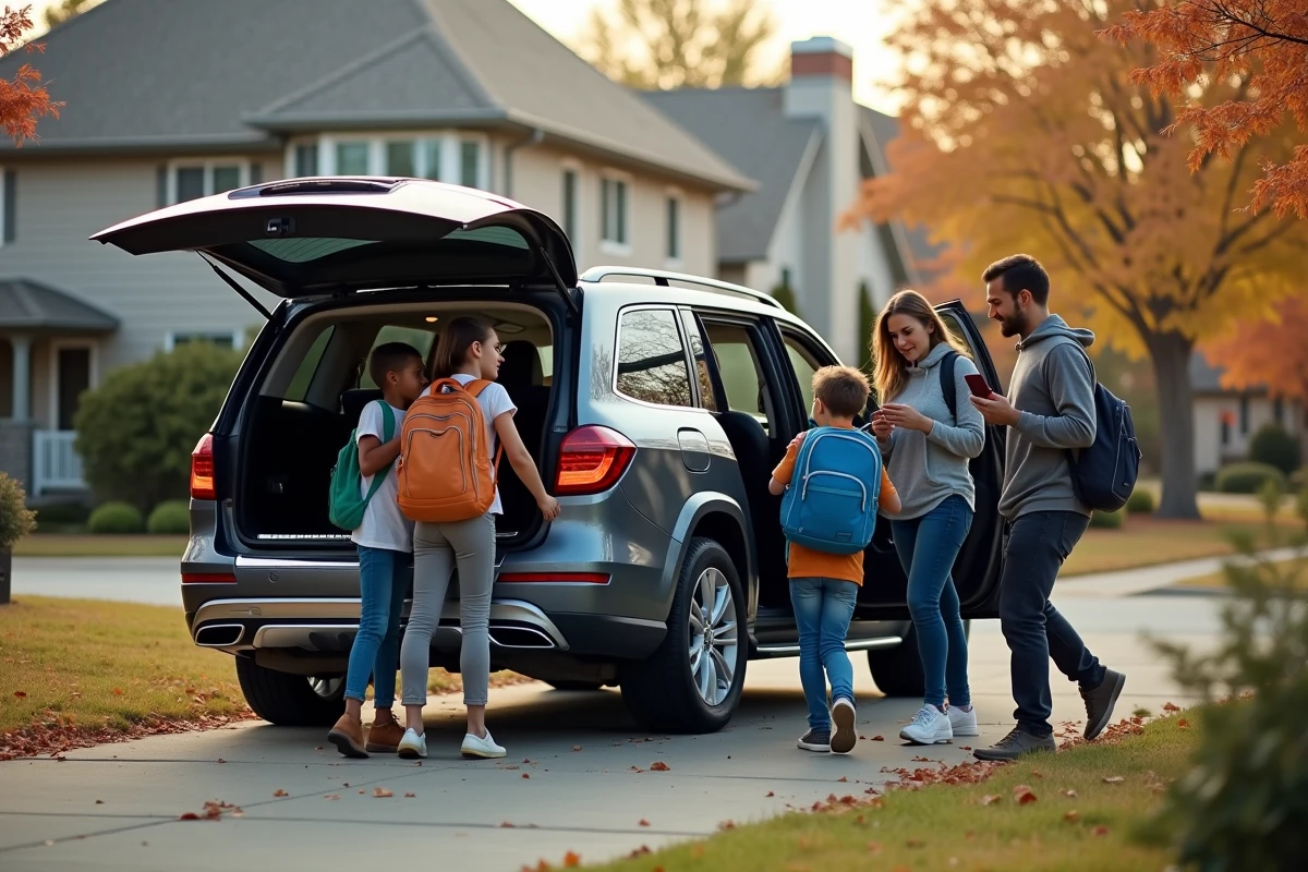 Famille nombreuse montant dans un SUV, parents consultant une application de prix du carburant pour réduire leurs dépenses
