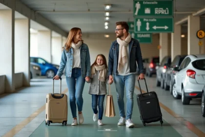 Famille avec bagages marchant dans le parking couvert Rapp à Colmar, signalisation française visible
