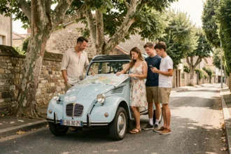 Famille avec une Renault 4CV ancienne garée dans une rue française, consultant une carte routière sur le capot