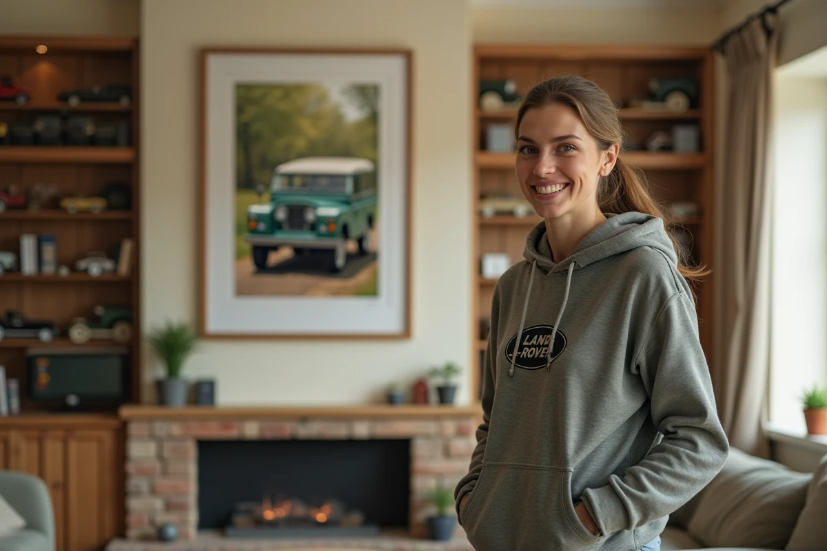 Femme fan de Land Rover dans son salon avec collection de modèles réduits et affiches vintage