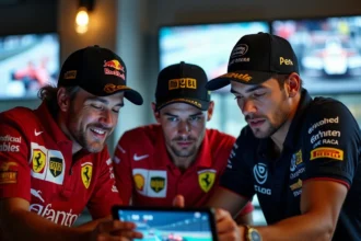 Groupe de fans de sport automobile regardant des données de course en direct sur une tablette dans un bar sportif moderne en 2026