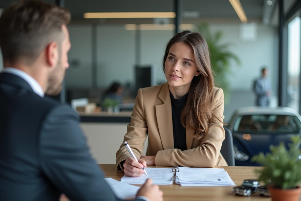 Femme jeune signant un contrat d achat automobile