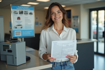 Jeune femme française en bureau administratif pour documents voiture