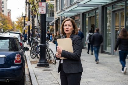 Femme d affaires regardant un panneau de stationnement