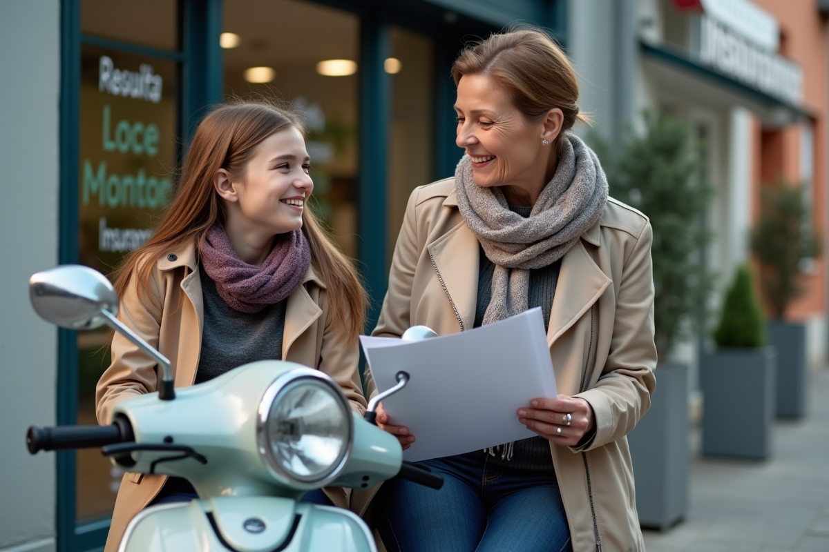 Femme aidant une adolescente avec scooter et documents