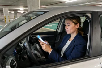 Femme consultant l'application d'assurance auto Carma sur son smartphone dans une voiture garée