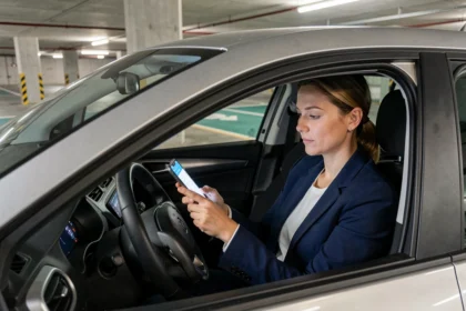 Femme consultant l'application d'assurance auto Carma sur son smartphone dans une voiture garée