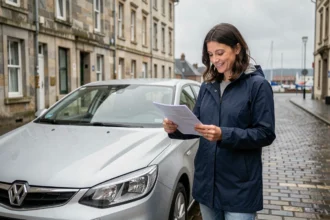 Femme consultant des documents d'assurance auto à côté de sa voiture dans une rue de Brest