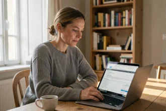 Femme consultant des documents d'assurance voiture sur un ordinateur portable dans une cuisine moderne, solution de paiement différé