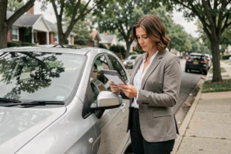Femme consultant son assurance voiture tous risques sur une tablette devant sa voiture garée dans une rue résidentielle