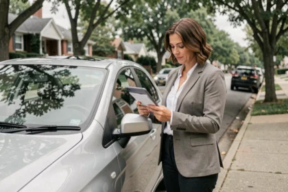 Femme consultant son assurance voiture tous risques sur une tablette devant sa voiture garée dans une rue résidentielle