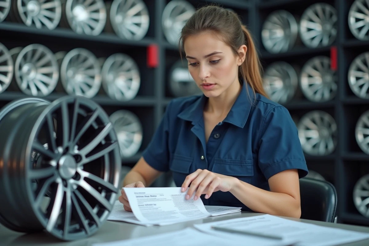 Jeune femme en uniforme étudiant un jante de voiture en atelier