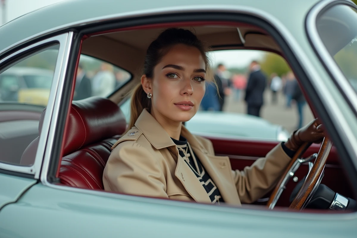 Jeune femme dans une Mercedes 300 SL lors d