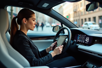 Femme d affaires dans une voiture autonome moderne