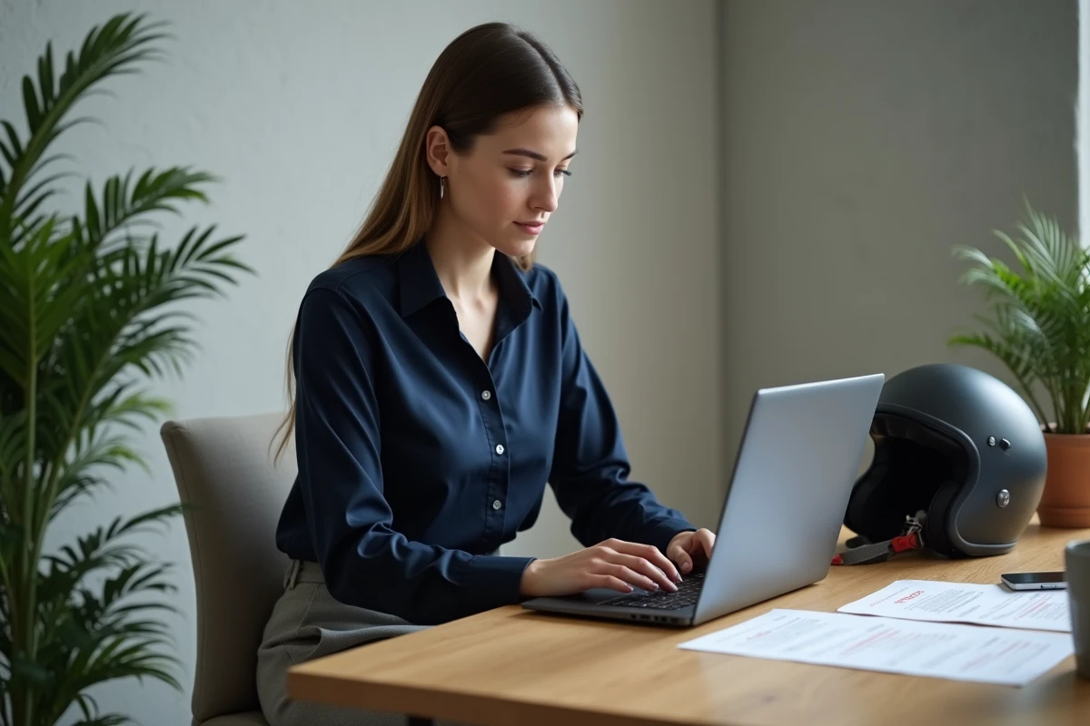 Jeune femme travaillant sur un ordinateur avec scooter