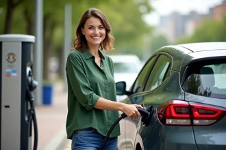 Jeune femme charge une voiture hybride dans la ville