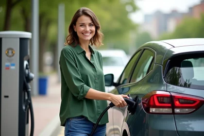Jeune femme charge une voiture hybride dans la ville