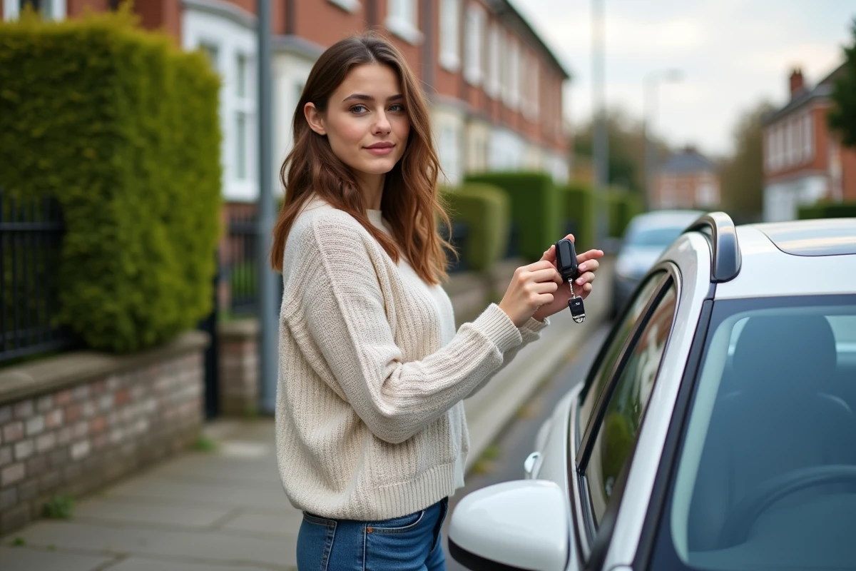 Jeune femme avec clé de voiture devant une maison