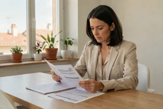 Femme comparant des offres d'assurance auto à Nice dans un bureau à domicile avec vue sur les toits méditerranéens