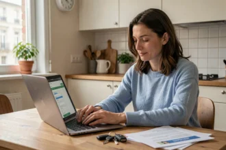 Femme comparant des offres d'assurance auto pas chère sur son ordinateur portable dans une cuisine moderne