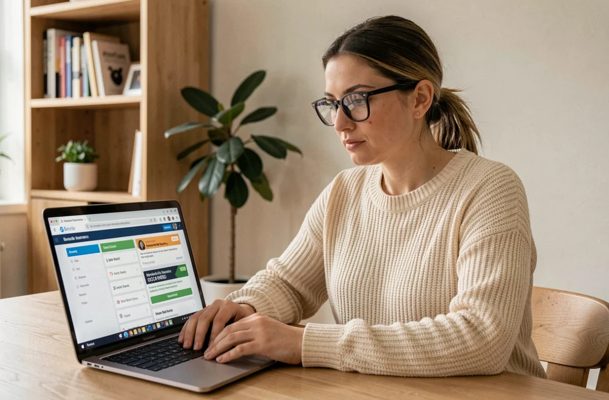 Femme comparant des offres d'assurance moto sur un ordinateur portable à domicile
