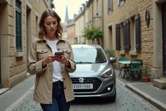 Femme consultant un comparateur de voitures sur smartphone devant une citadine garée dans une petite rue pavée de ville