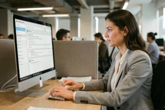 Femme professionnelle consultant la plateforme AtelioDoc sur un écran d'ordinateur dans un bureau moderne