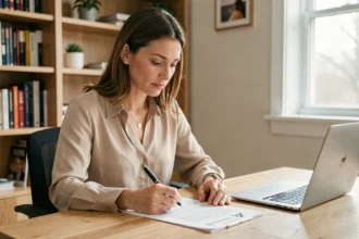 Femme consultant son contrat d'assurance auto à son bureau pour faire valoir son bonus