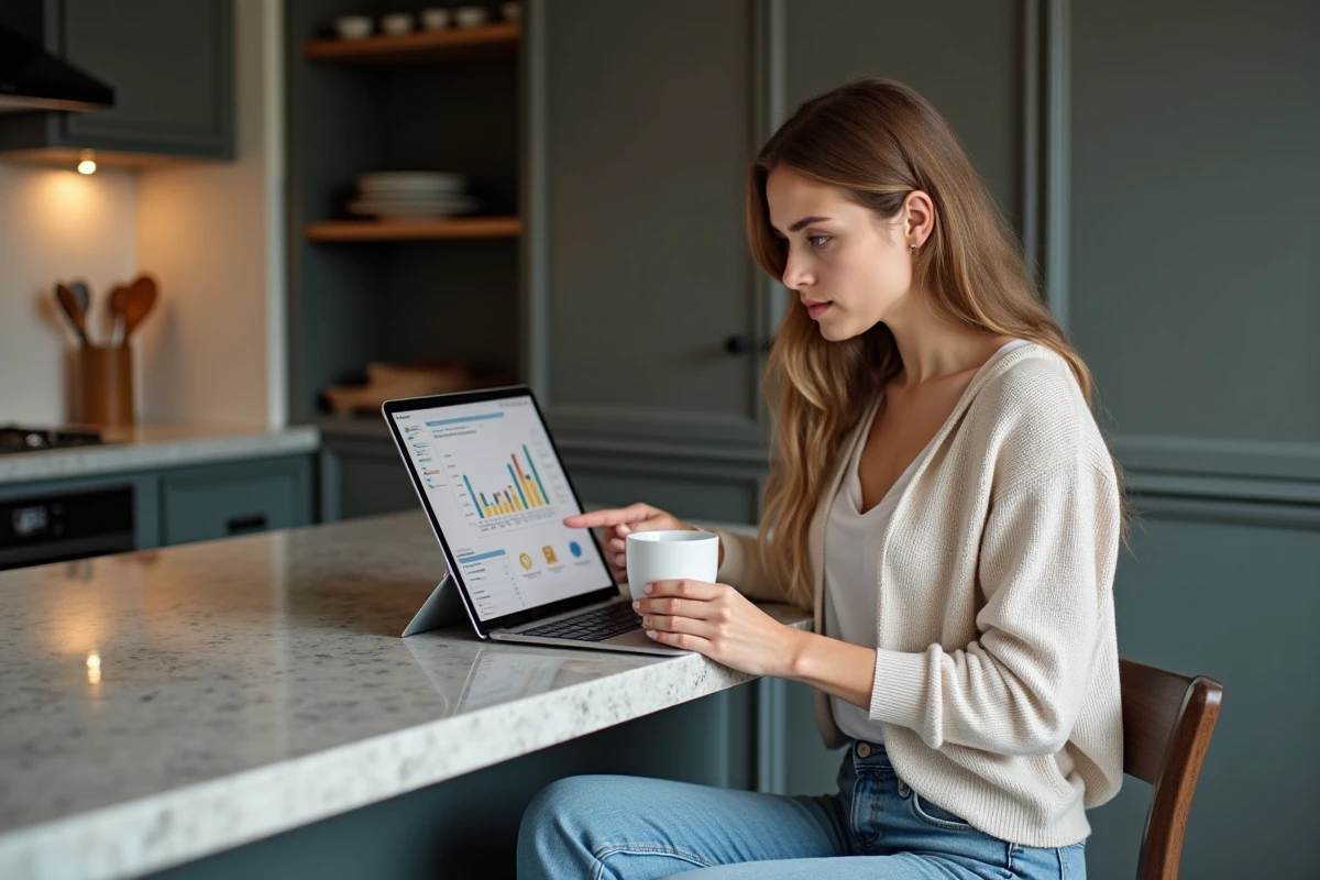 Femme analysant des graphiques de maintenance à la cuisine