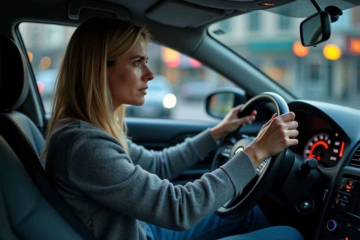 Femme regarde les voyants du tableau de bord de sa voiture