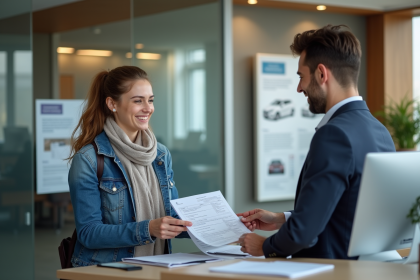 Jeune femme souriante remettant documents d'immatriculation voiture