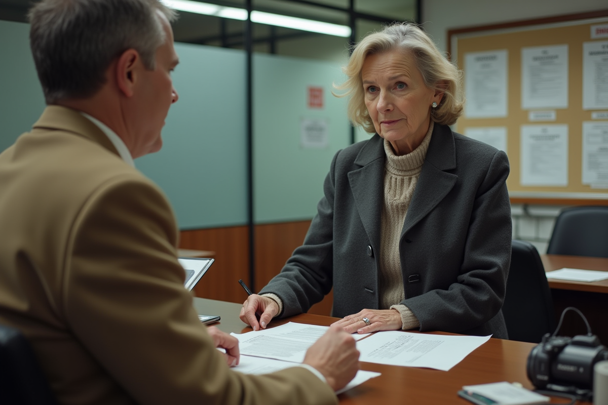 Femme discute avec agent pour inscription de voiture ancienne