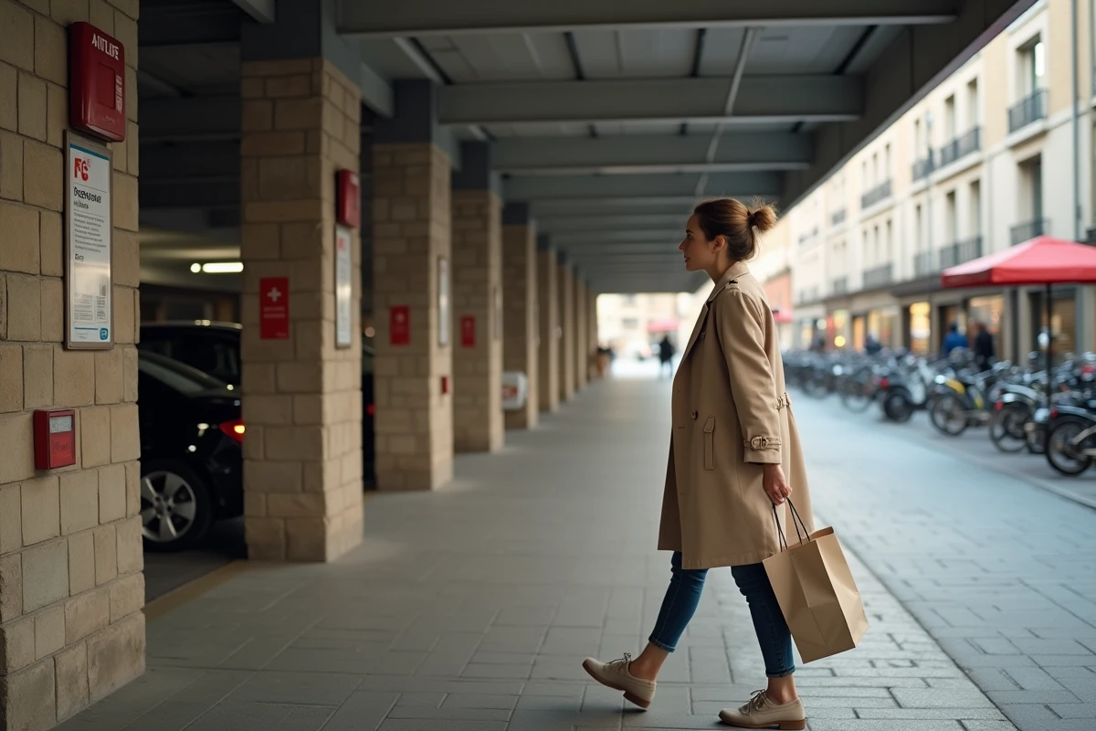 Femme consultant le tarif d'un parking couvert à l'entrée d'un stationnement du centre-ville de Colmar