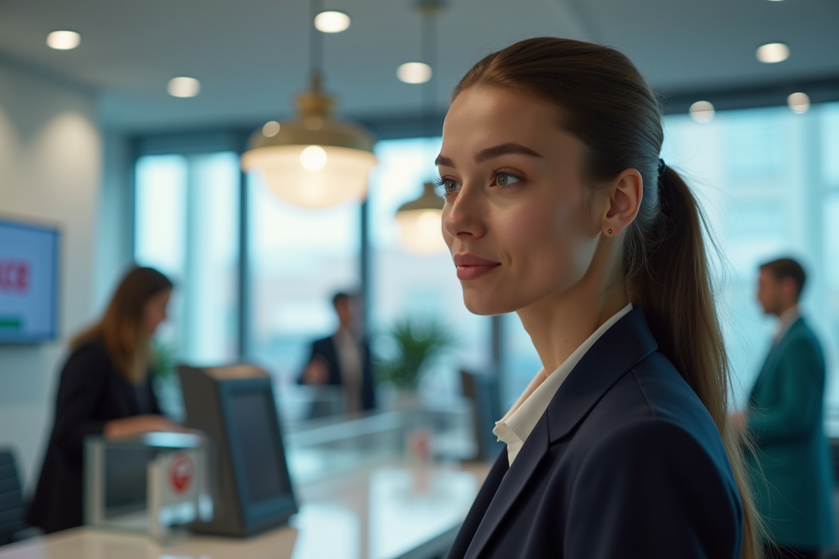 Jeune femme française au guichet d’un service public moderne