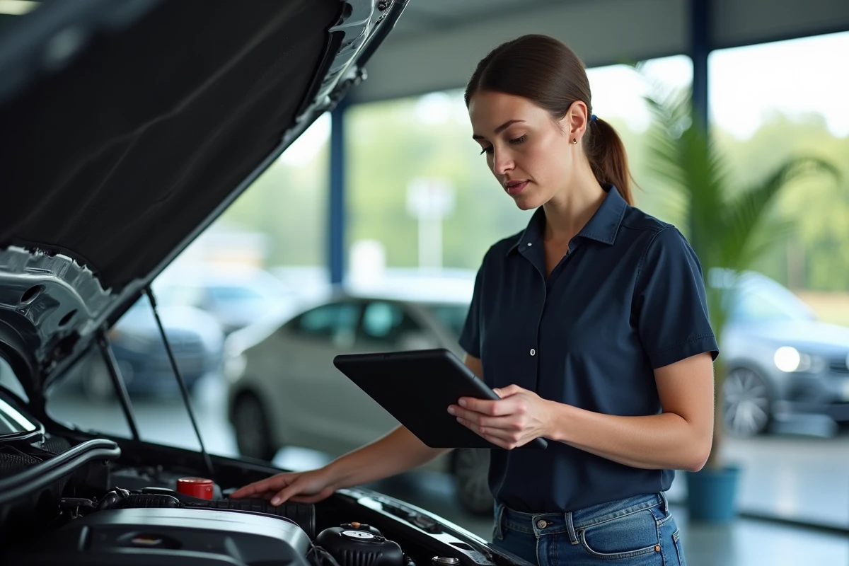 Femme gestionnaire de garage vérifiant une commande auto sur tablette