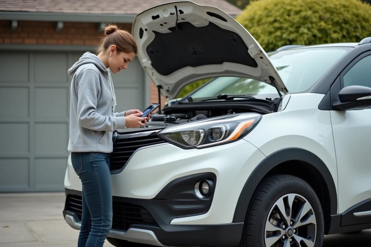 Femme inspectant l'usure d'un pneu avant de son SUV dans une allée résidentielle avec un guide d'usure sur smartphone