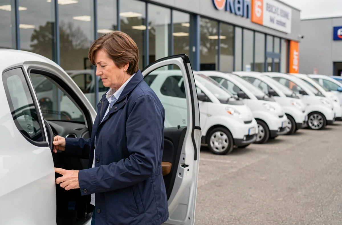 Femme d'une cinquantaine d'années inspectant l'intérieur d'une voiture sans permis essence chez un concessionnaire