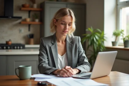 Femme en blazer comparant documents d'assurance voiture dans la cuisine